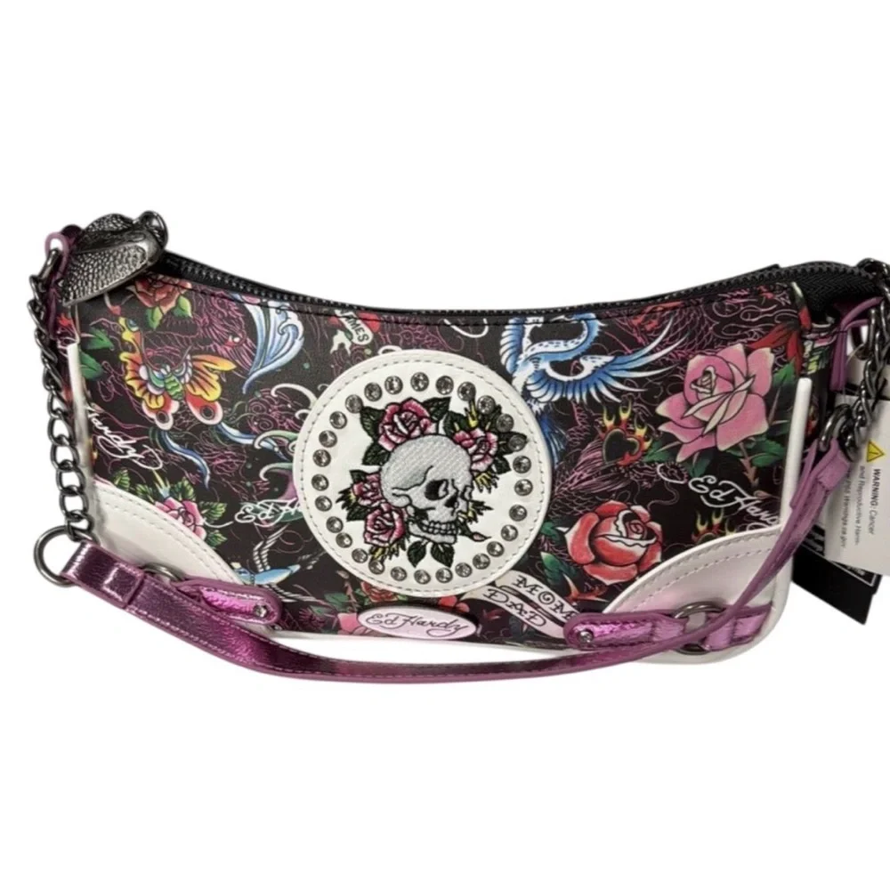 Ed Hardy Shoulder / Crossbody Bag Skull Rose Tattoo Print Rhinestone ms Y2K Punk